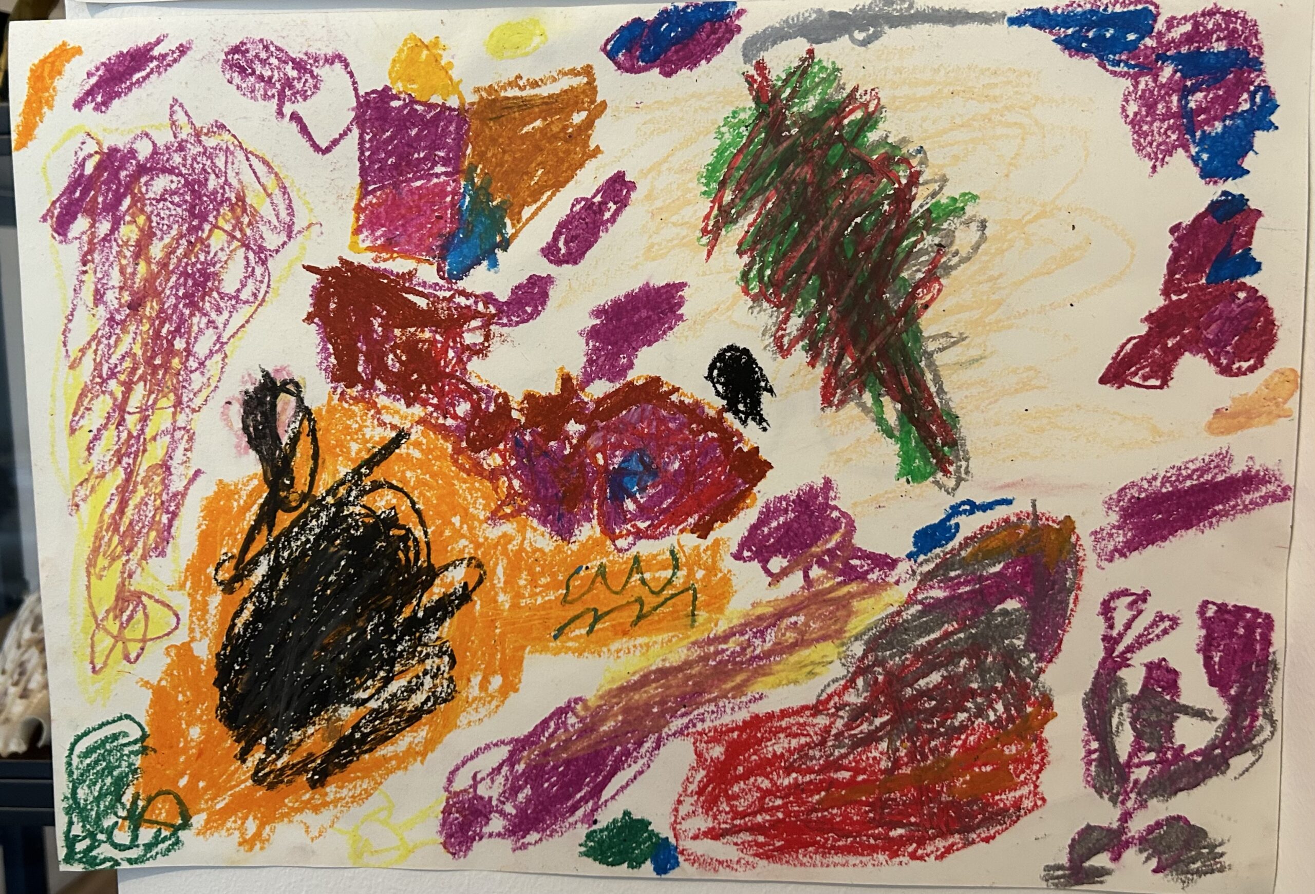 abstract multiple color art work, crayon and pastels on paper, made by a child
