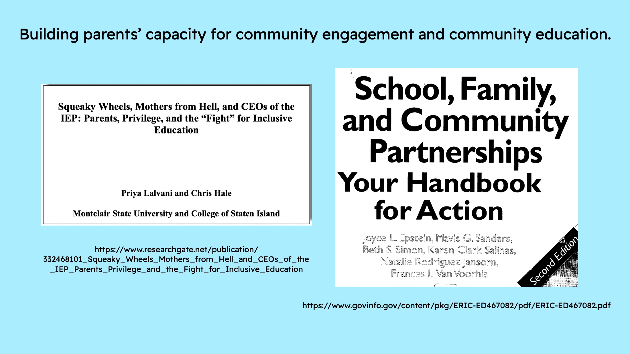 IFIP Parents slide 2 Slide titled "Building parents' capacity for community engagement and community education." One open access online journal and one open access online book referenced. Links to both (Squeaky Wheels; and School Family and Community Partnerships) in text of speech.