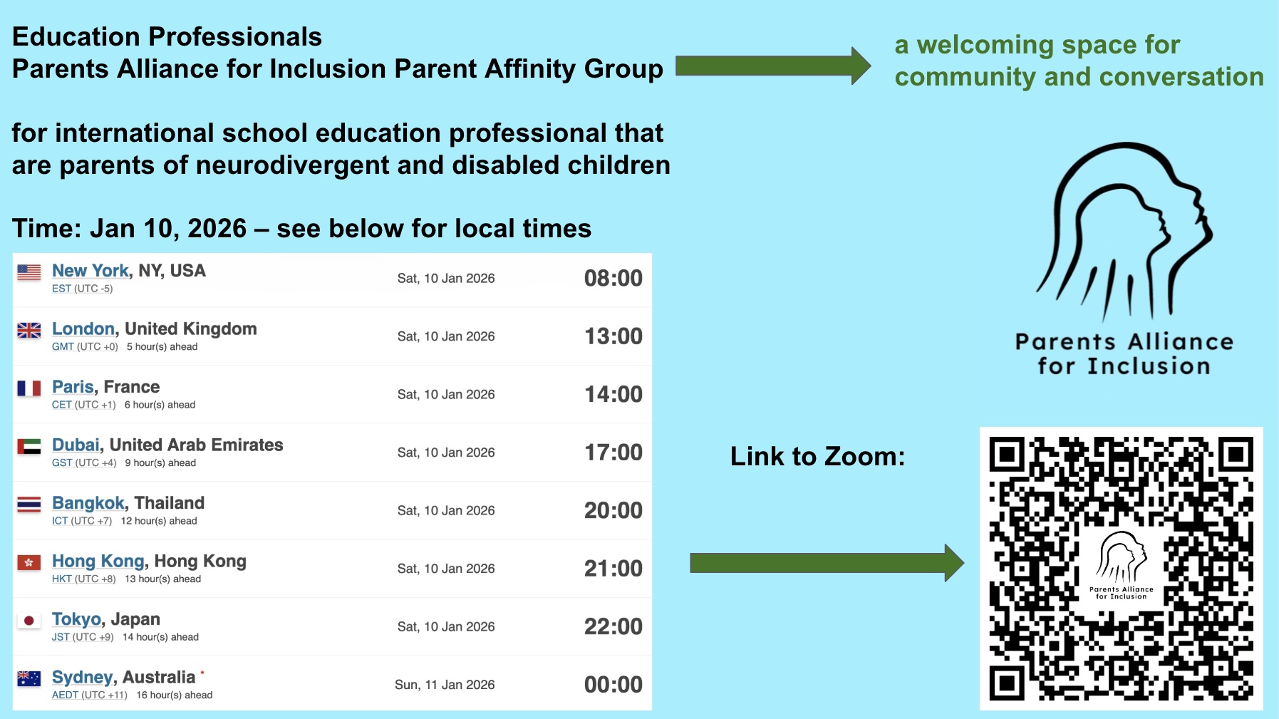 Parents Alliance for Inclusion logo. The logo is in black on a light blue background. The icons of the logo are an adult head and a smaller child head, side by side, both looking upward toward the future. Beneath the two heads is the organization name "Parents Alliance for Inclusion" in a ReadEx Pro font designed for dyslexic readability. Both the adult and child in the image have speech bubbles saying "Thank you!"