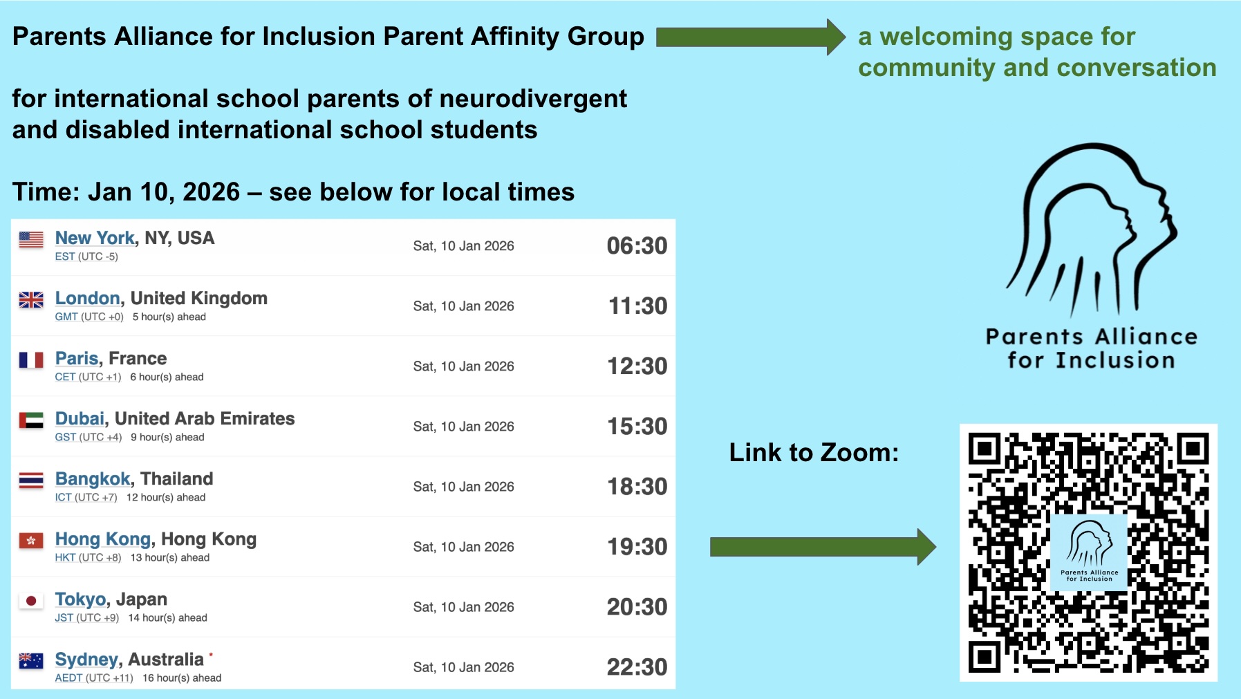 Parents Alliance for Inclusion logo. The logo is in black on a light blue background. The icons of the logo are an adult head and a smaller child head, side by side, both looking upward toward the future. Beneath the two heads is the organization name "Parents Alliance for Inclusion" in a ReadEx Pro font designed for dyslexic readability. Both the adult and child in the image have speech bubbles saying "Thank you!"